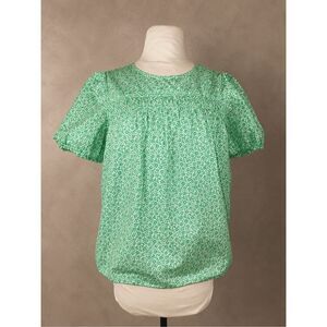 J.Crew Factory Sz S Ditsy Floral Puff Sleeve Cotton Blouse Green White